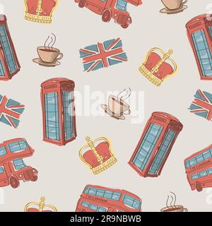 Vector colorful seamless pattern of hand-drawn London symbols Stock Vector