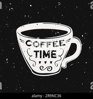 Vector grunge illustration of a coffee cup with typography text "Coffee time". Modern hipster style. Stock Vector