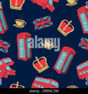 Vector colorful seamless pattern of hand-drawn London symbols Stock Vector