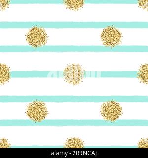 Vector seamless pattern with gold glitter circles and blue stripes Stock Vector