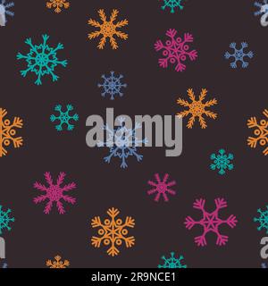Vector colorful Christmas seamless pattern with abstract snowflakes on black background. Winter design. Stock Vector