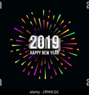 Vector Happy New 2019 Year trendy illustration with festive typographic composition and abstract multicolored fireworks Stock Vector