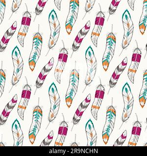 Vector seamless pattern with ethnic colorful feathers. Boho style Stock Vector