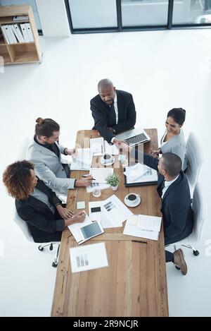 Handshake, clients meeting and corporate people in partnership, finance agreement and thank you, success or deal. Business men shaking hands for b2b Stock Photo