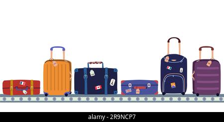 Vector illustration of airport conveyor belt with passenger luggage in terminal and place for text. Tourism concept in flat style Stock Vector