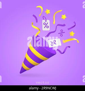 3d Poppers With Flying Serpentine, Ribbons, Gift tags, Stars, Percent Symbols. Concept of promotion, discount, sale, gift. Vector Render Illustration Stock Vector