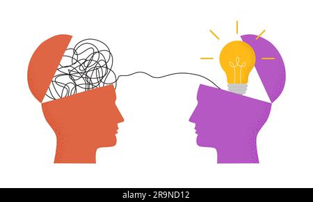 Vector illustration with two human heads with mess in one and light bulb in another. Trendy concept of business, thinking, creativity, finding solutio Stock Vector