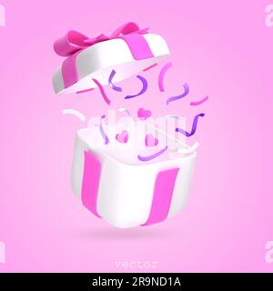 Vector 3d Gift Box With Hearts and confetti. Open Present Box With Pink Ribbon and Bow. For Surprise, Birthday Party, Anniversary. Vector Render Illus Stock Vector