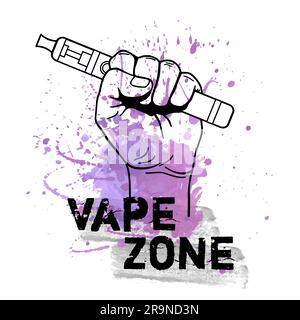Vector vape zone illustration with watercolor splash and hand holding electric tool for vaping. Vapor, electric cigarette, vaporizer e-cig icon. Stock Vector