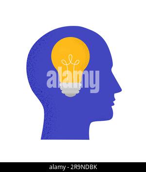 Vector illustration with human head and light bulb. Trendy concept of business, thinking, creativity, finding solution, idea. Symbol, icon with modern Stock Vector