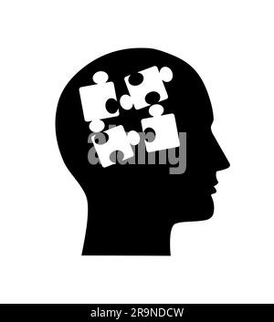 Vector illustration of human head silhouette with puzzle pieces isolated on white background. Concept of mental health, thinking process, solving prob Stock Vector