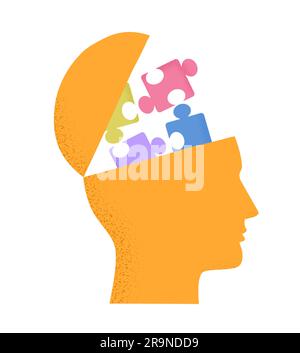 Vector illustration of human head silhouette with puzzle pieces isolated on white. Concept of mental health, thinking process, solving problems, searc Stock Vector