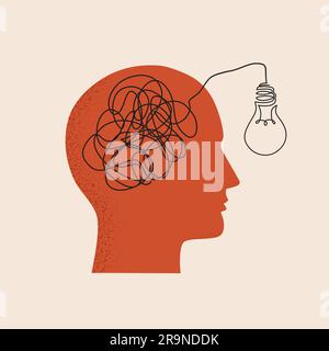 Vector illustration with human head and one line drawing of light bulb. Trendy concept of business, thinking, creativity, finding solution, idea. Symb Stock Vector