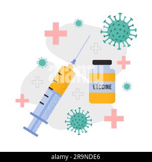 Vector set with medical syringe, bottle of vaccine COVID-19, virus isolated on white background. Concept of vaccination, coronavirus, immunization Stock Vector