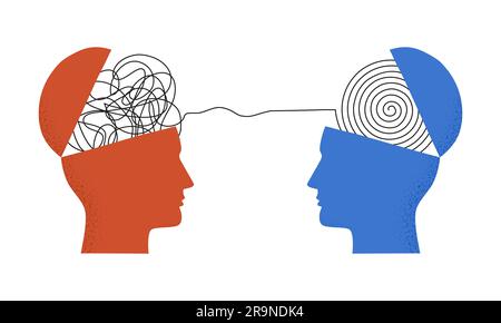 Vector illustration of two human heads silhouette with thread between them isolated on white. Concept of psychotherapy, coaching, consulting, mental d Stock Vector