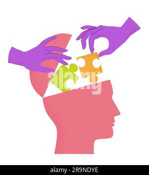 Vector illustration of human head silhouette with hands putting puzzle pieces in open head isolated on white. Concept of mental health, thinking proce Stock Vector