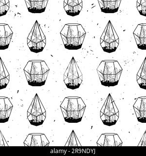 Vector black and white hand drawn seamless pattern with cactuses and succulents in terrariums on grunge texture. Modern scandinavian design Stock Vector