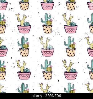 Vector colorful hand drawn seamless pattern with cactuses and succulents in pots on grunge texture. Modern scandinavian design Stock Vector