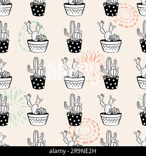 Vector seamless pattern with ink circle textures, cactuses and succulents in pots. Modern scandinavian design Stock Vector