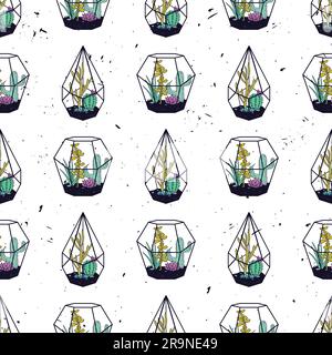 Vector colorful hand drawn seamless pattern with cactuses and succulents in terrariums on grunge texture. Modern scandinavian design Stock Vector