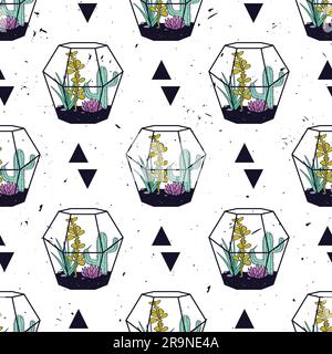 Vector colorful hand drawn seamless pattern with triangles, cactuses and succulents in terrariums on grunge texture. Modern scandinavian design Stock Vector
