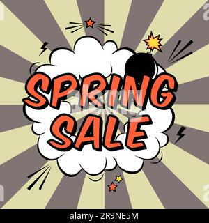Vector colorful pop art illustration with Spring Sale discount promotion. Decorative template with cloud, rays and bomb explosion in modern comics sty Stock Vector