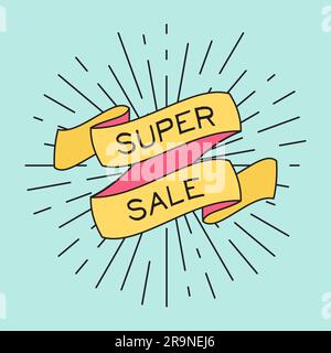 Vector Super Sale poster with ribbon and vintage light rays. Retro elements for banners, posters, gift cards, advertising and web Stock Vector