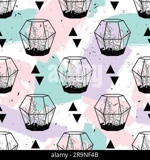 Vector hand drawn seamless pattern with geometric and brush painted elements, triangles, cactuses and succulents in terrariums. Modern scandinavian de Stock Vector