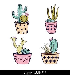 Vector set with colorful cactuses and succulents in pots Stock Vector