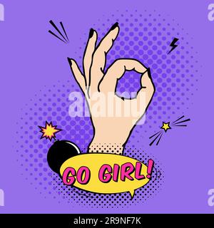 Vector illustration of girl's OK gesture in pop art comic style. Placard with women's rights and solidarity theme, feminism concept Stock Vector