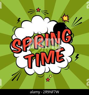 Vector colorful pop art illustration with Spring Time phrase. Decorative template with cloud and bomb explosion in modern comics style. Stock Vector