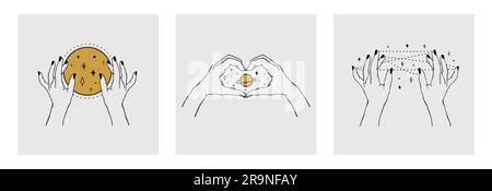 Vector set of cards of women's hands holding planet, moon, stars. Trendy linear and minimal boho tattoo style for logo, emblem, fashion print, sticker Stock Vector