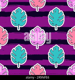Vector seamless pattern with monstera palm leaves on striped background. Trendy summer tropical design. Stock Vector