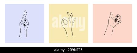 Vector set of female hands in different gestures: heart made with fingers, ok gesture, crossed fingers. Trendy cards design templates for logos or emb Stock Vector