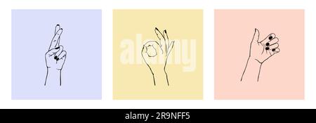 Vector set of female hands in different gestures: heart made with fingers, ok gesture, crossed fingers. Trendy cards design templates for logos or emb Stock Vector