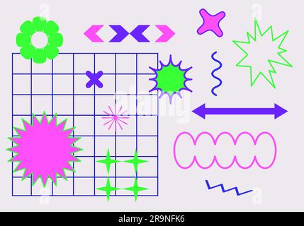 Vector trendy abstract cool retrowave pattern illustration with memphis geometric shapes. Retro 90s Pop Art Background in modern contemporary style fo Stock Vector