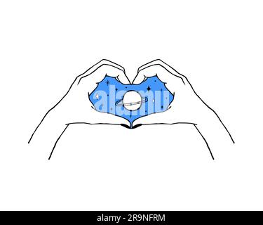 Vector trendy illustration of gesture - heart made with hands in modern minimal and tattoo style with planets and stars inside. Design template for lo Stock Vector