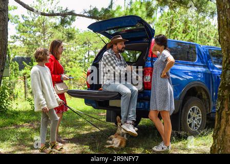 Family members father, mother and two daughters arguing about things for a travelling Stock Photo