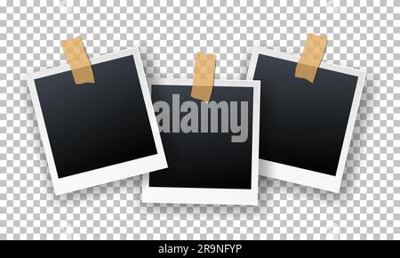 Vector retro realistic instant photo cards hanging on sticky tape isolated on transparent background. Illustration of polaroid photo frames with shado Stock Vector