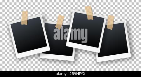 Vector retro realistic instant photo cards hanging on sticky tape isolated on transparent background. Illustration of polaroid photo frames with shado Stock Vector
