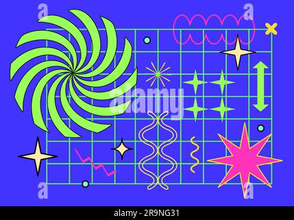 Vector trendy abstract cool retrowave pattern illustration with memphis geometric shapes. Retro 90s Pop Art Background in modern contemporary style fo Stock Vector