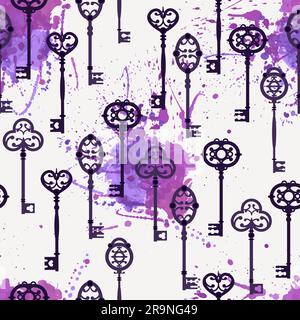 Vector seamless pattern with cute vintage keys and watercolor splashes Stock Vector