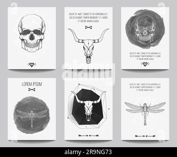 Vector set of modern gothic posters with human skulls, bull skulls, dragonflies, geometrical shapes. Trendy hipster style for flyers, banners, brochur Stock Vector