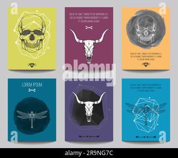 Vector set of modern posters with human skulls, bull skulls, dragonflies, geometrical shapes. Trendy hipster style for flyers, banners, brochures, inv Stock Vector