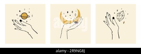 Vector set of cards of women's hands holding planet, moon, stars. Trendy linear and minimal boho tattoo style for logo, emblem, fashion print, sticker Stock Vector