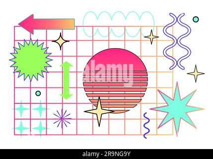 Vector trendy abstract cool retrowave pattern illustration with memphis geometric shapes. Retro 90s Pop Art Background in modern contemporary style fo Stock Vector