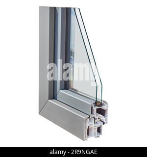 New window profile cut showing frame, glass and insulation isolated on a white background Stock Photo