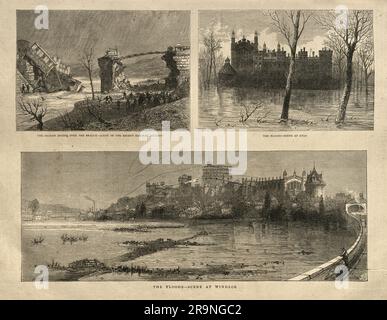 Old Victorian Newspaper page, 1870s, Railway accident Bridge over the Brague, Floods and Eton and Windsor Stock Photo