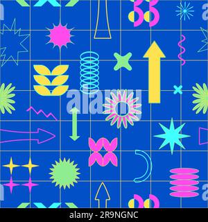 Vector trendy abstract cool retrowave seamless pattern with memphis geometric shapes. Retro 90s Pop Art Background in modern contemporary style for pa Stock Vector