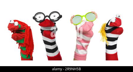 Many colorful sock puppets on white background, collage design Stock Photo